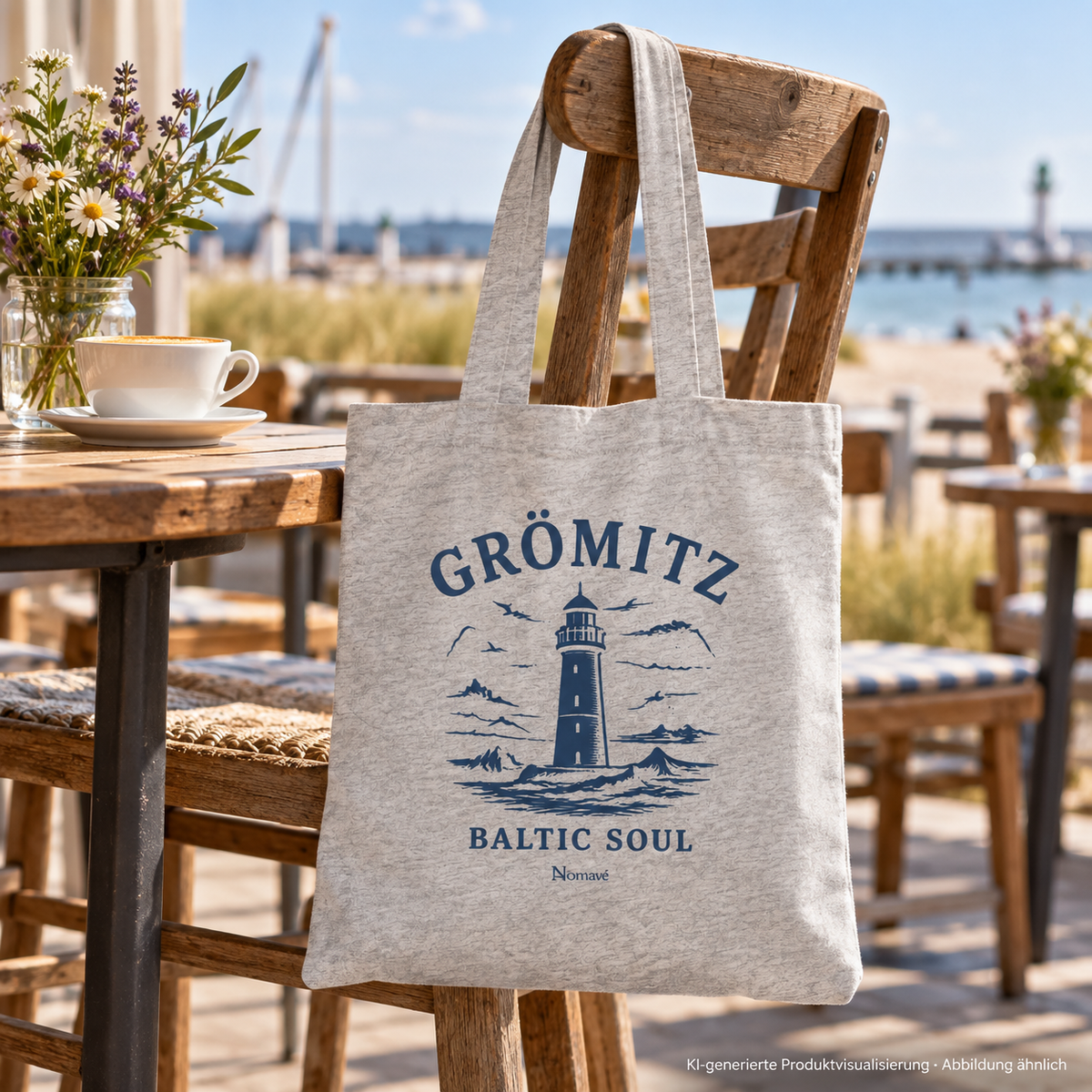 Tote-Bag am Holzstuhl neben einem Cafétisch – Grömitz Baltic Soul Tote-Bag in Heather Grey mit navyfarbenem Leuchtturmmotiv auf der bedruckten Außenseite; KI-Produktvisualisierung.