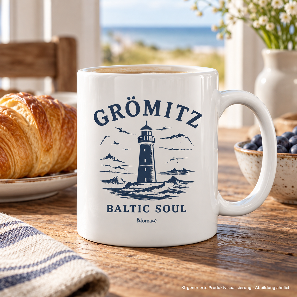 Keramiktasse neben einem Croissant auf einem Frühstückstisch – Grömitz Baltic Soul Keramiktasse in White glossy mit navyfarbenem Leuchtturmmotiv auf der bedruckten Außenseite; KI-Produktvisualisierung.