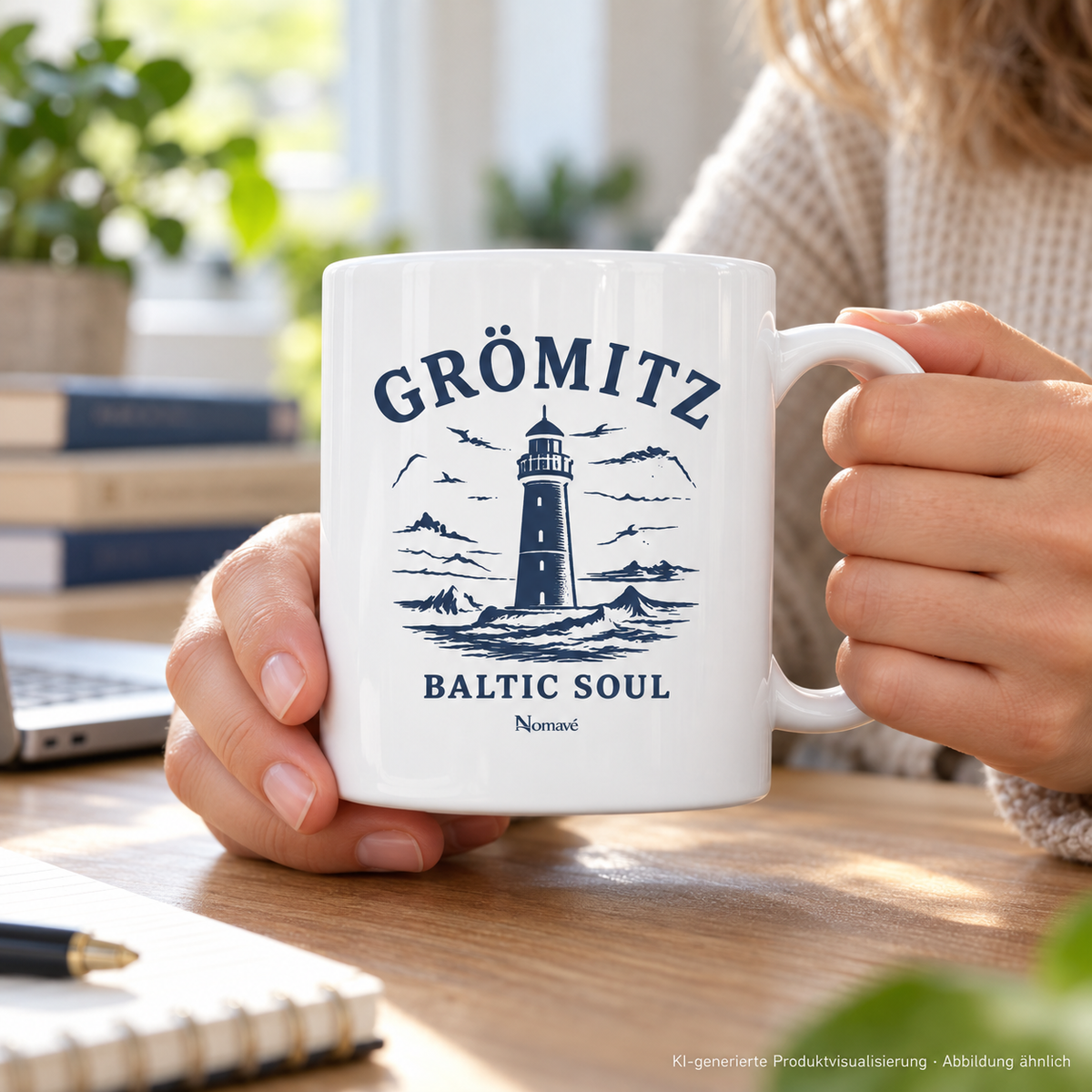 Hände halten eine Keramiktasse am hellen Schreibtisch – Grömitz Baltic Soul Keramiktasse in White glossy mit navyfarbenem Leuchtturmmotiv auf der bedruckten Außenseite; KI-Produktvisualisierung.
