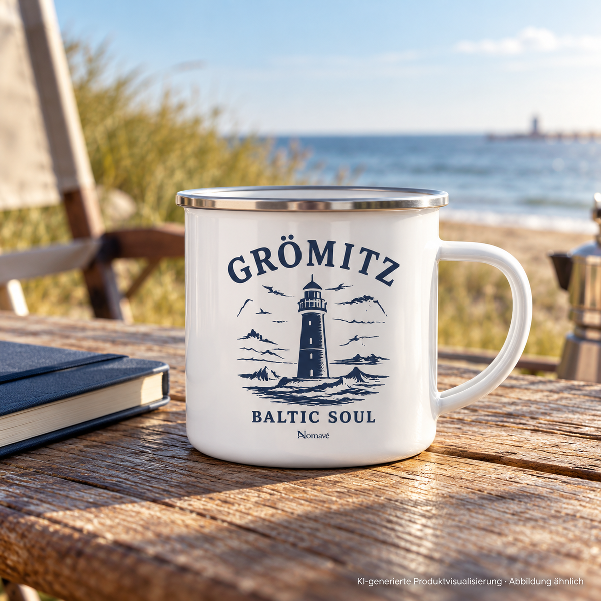 Emaille-Tasse mit Silberrand auf einem Campingtisch – Grömitz Baltic Soul Emaille-Tasse in White glossy mit navyfarbenem Leuchtturmmotiv auf der bedruckten Außenseite; KI-Produktvisualisierung.