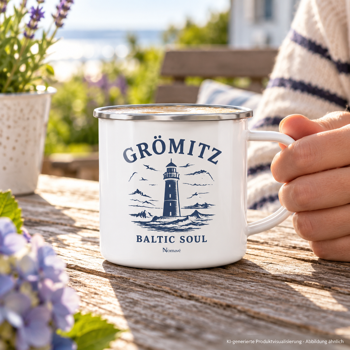 Hand hält eine Emaille-Tasse mit Silberrand an einer Gartenbank – Grömitz Baltic Soul Emaille-Tasse in White glossy mit navyfarbenem Leuchtturmmotiv auf der bedruckten Außenseite; KI-Produktvisualisierung.