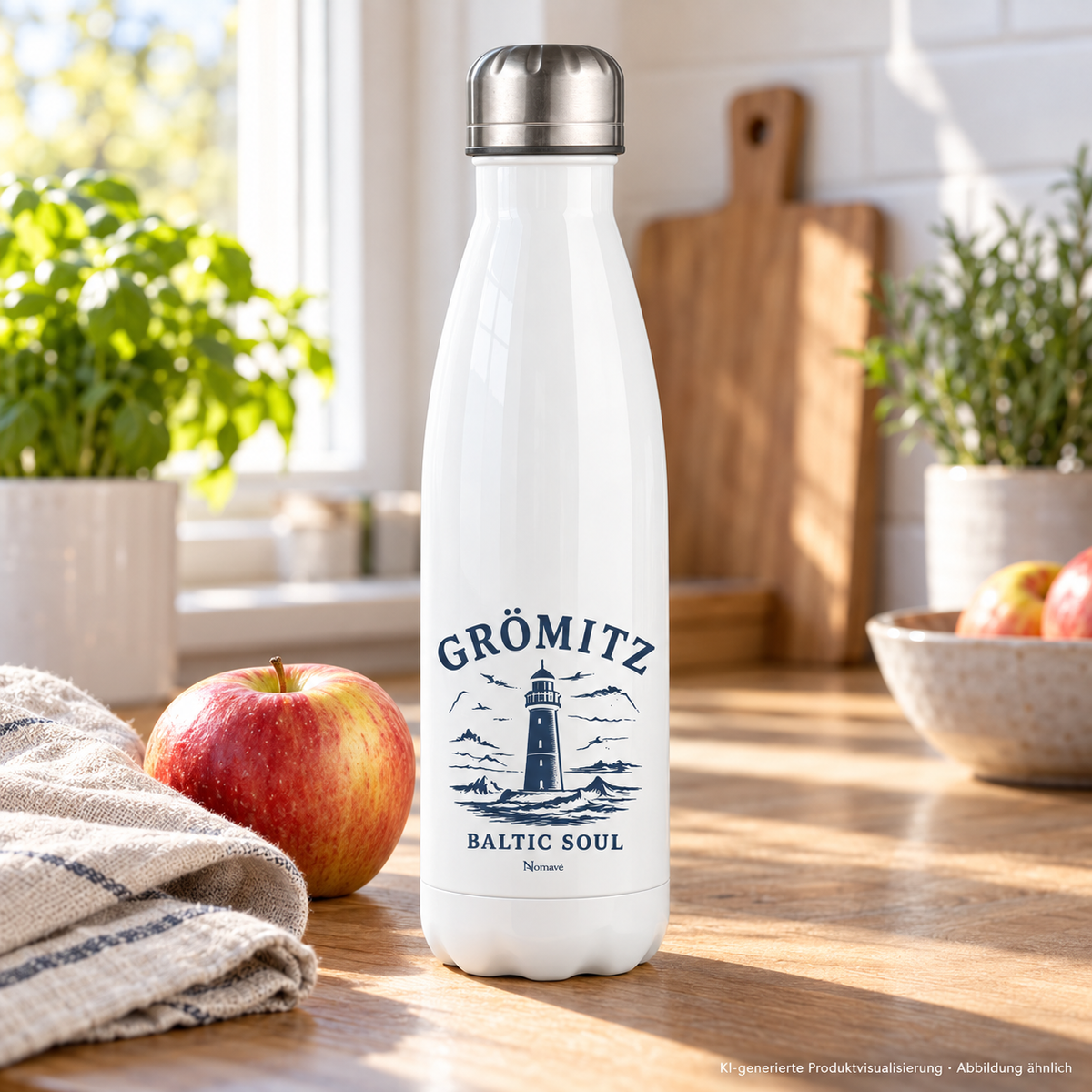 Weiße Grömitz Baltic Soul Edelstahl-Thermoflasche mit 500 ml und silbernem Deckel auf einer hellen Frühstückstheke; navyfarbenes Leuchtturmmotiv, KI-Produktvisualisierung.