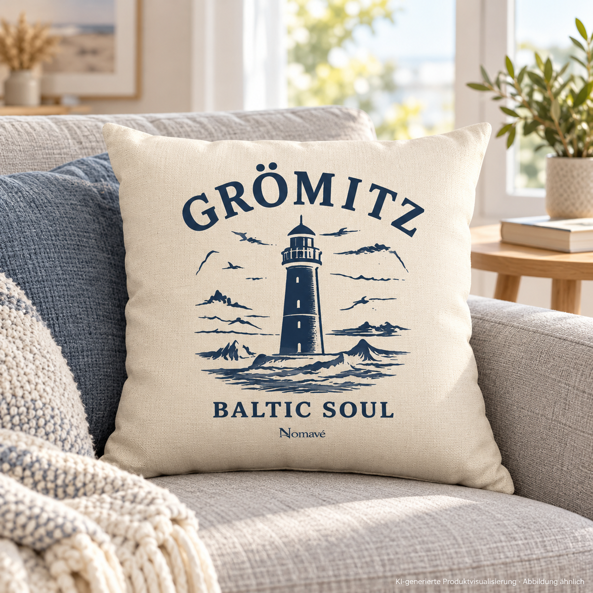 Naturfarbenes Grömitz Baltic Soul Kissen mit Füllung auf einem hellgrauen Sofa; navyfarbenes Leuchtturmmotiv auf strukturiertem Bezug, KI-Produktvisualisierung.
