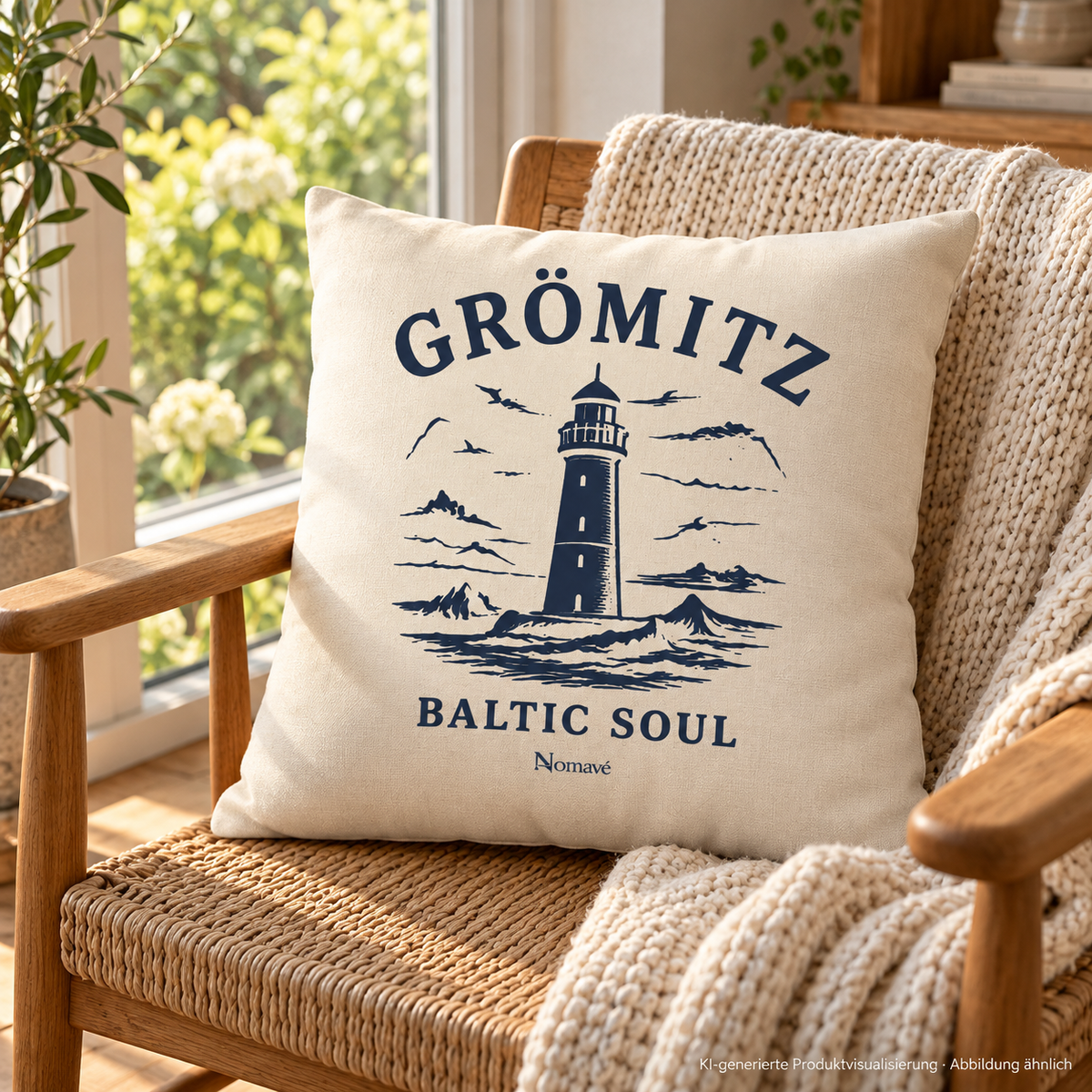 Grömitz Baltic Soul Dekokissen in Natur auf einem hölzernen Lesesessel am Gartenfenster; quadratisches Format und maritimer Frontdruck, KI-Produktvisualisierung.