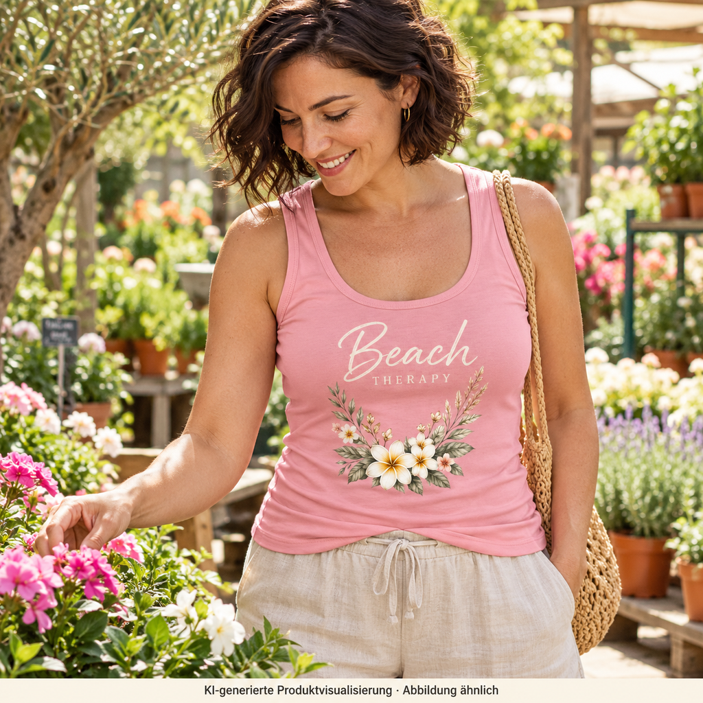 Damen Bio-Tanktop in Cotton Pink mit floralem Beach-Therapy-Frontprint – Frau im Gartencafé zwischen Pflanzen.
