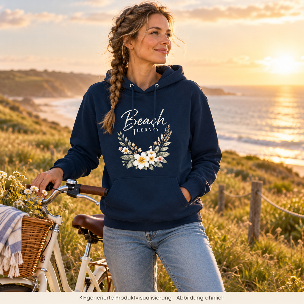 Unisex Bio-Hoodie in French Navy mit floralem Beach-Therapy-Frontprint – Frau mit Fahrrad an der Küste.