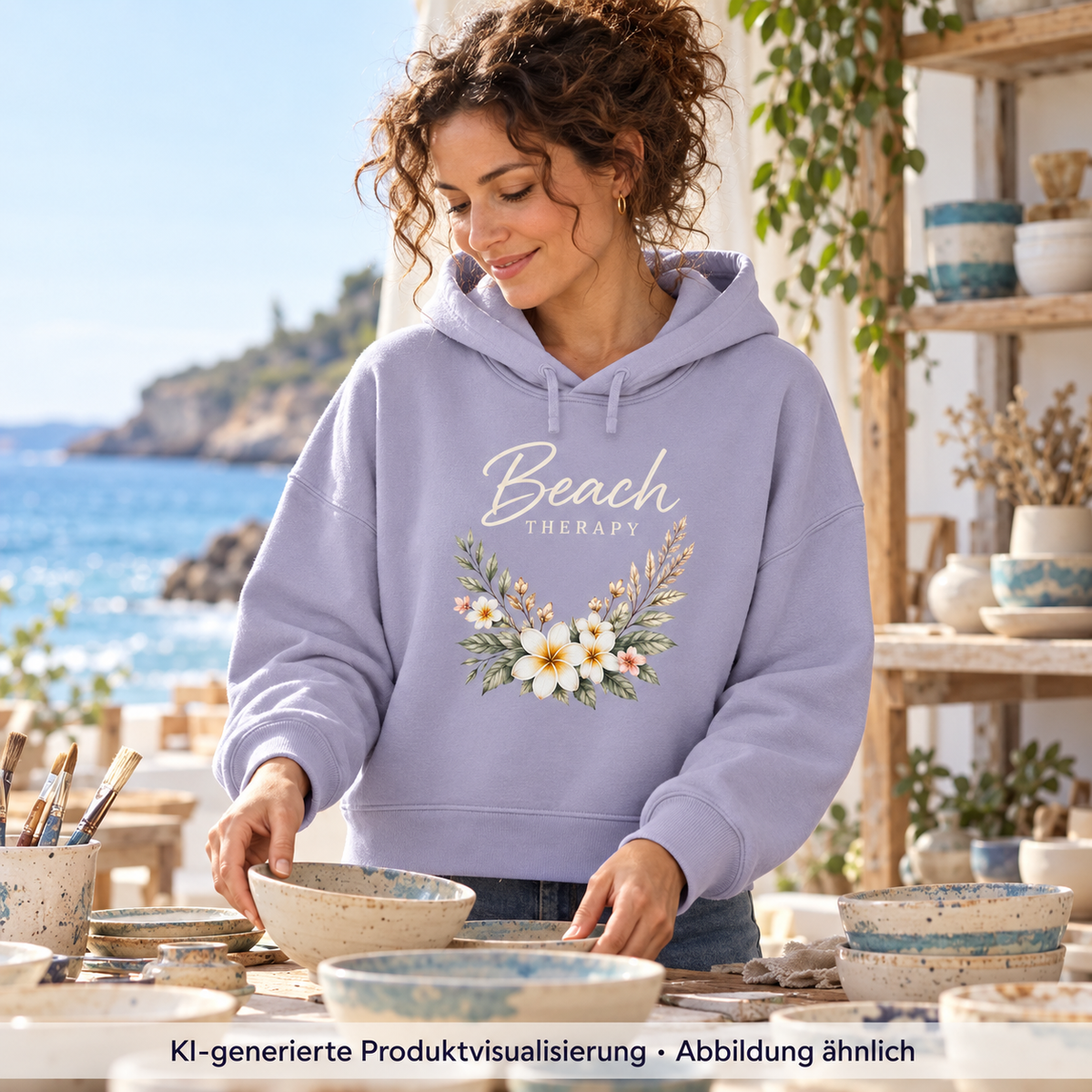 Damen Bio-Boxcut-Hoodie in Lavender mit floralem Beach-Therapy-Frontprint – Frau in einer Keramikwerkstatt am Meer.