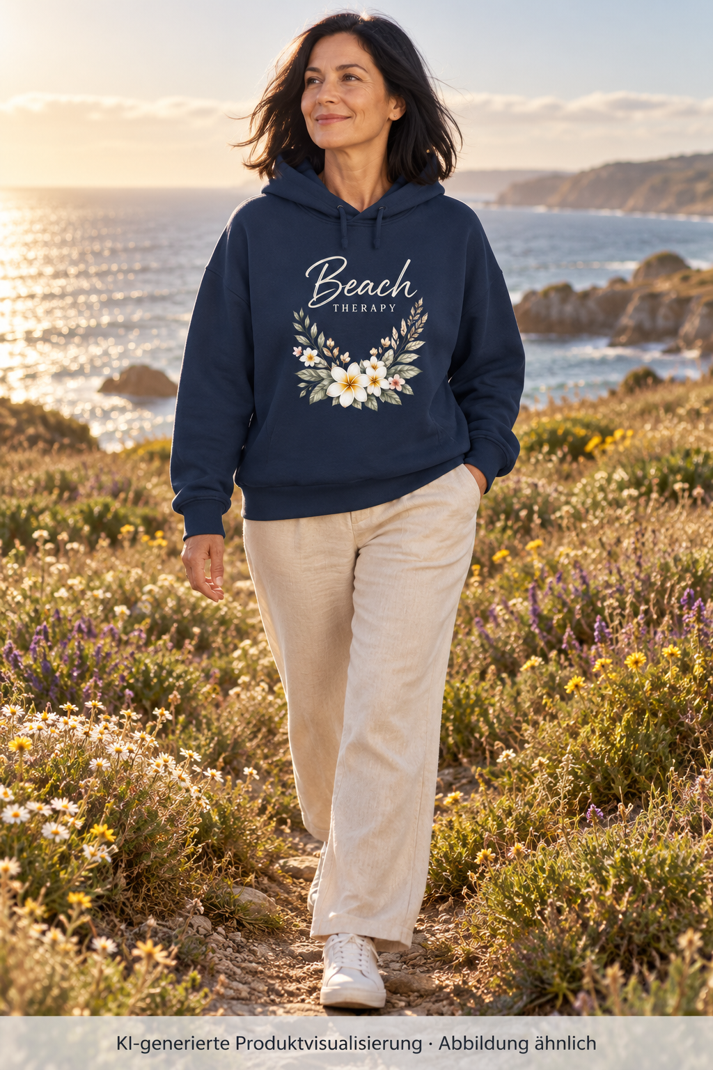 Damen Bio-Boxcut-Hoodie in French Navy mit floralem Beach-Therapy-Frontprint – Frau auf einem Küstenweg durch Wildblumen.