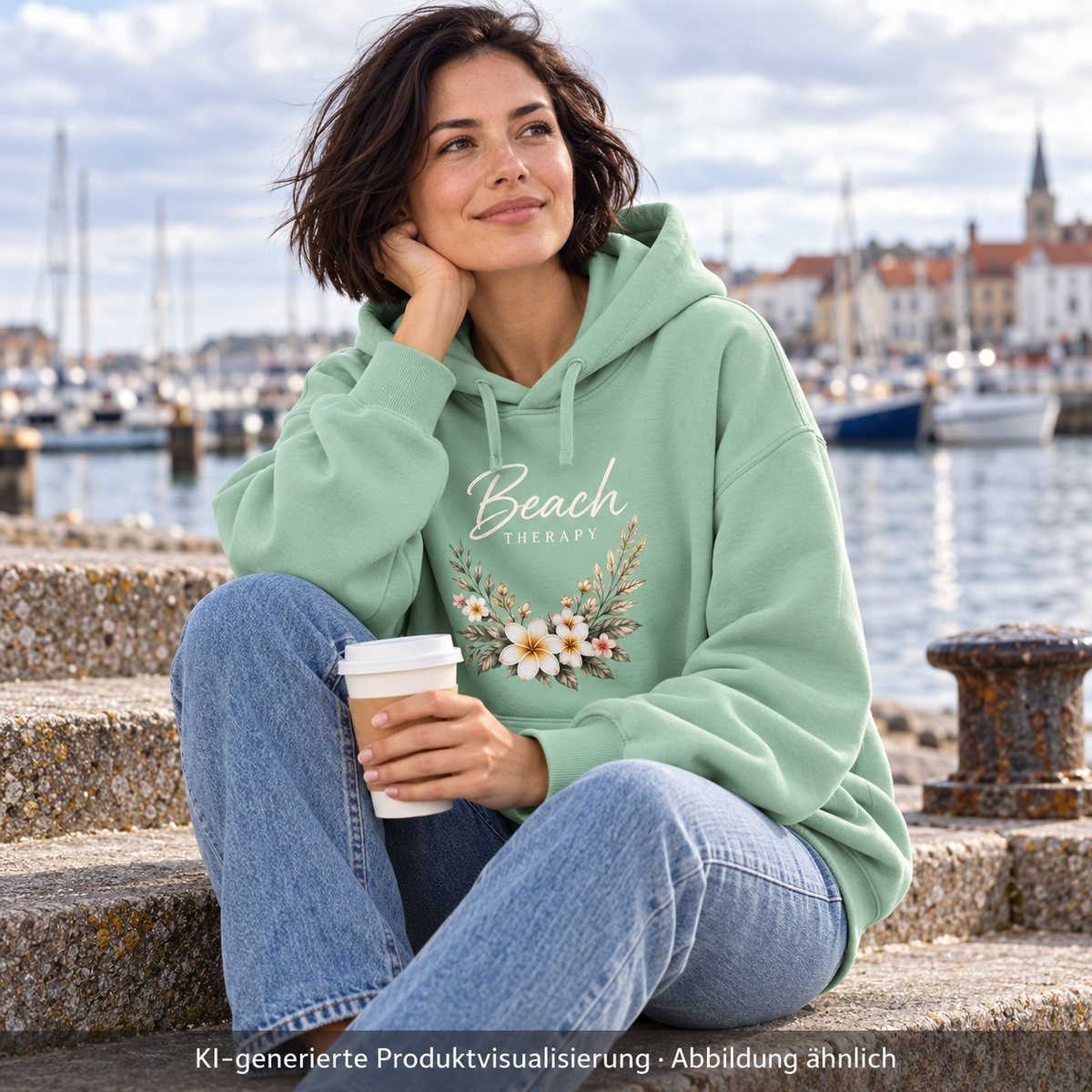Bio-Oversize-Hoodie in Misty Jade mit floralem Beach-Therapy-Frontprint – Frau sitzt auf Hafenstufen.