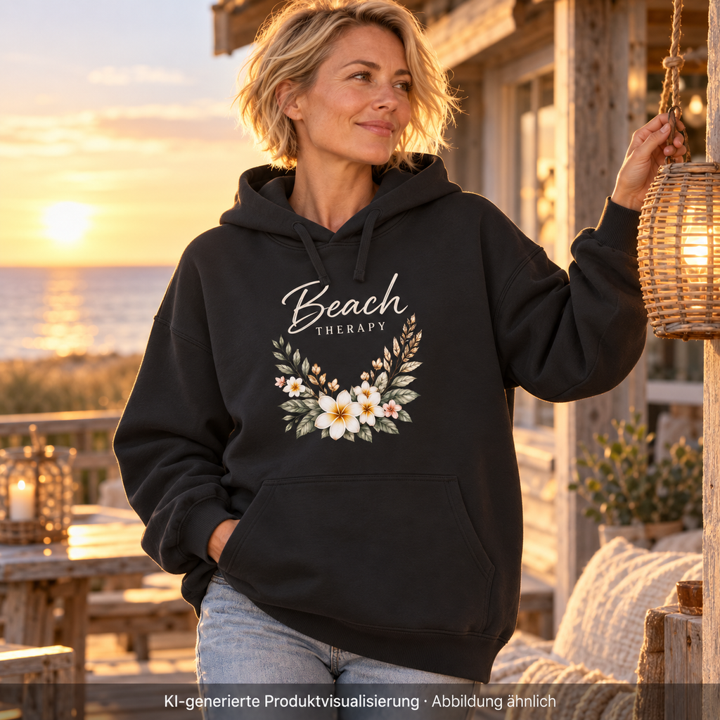 Bio-Oversize-Hoodie in Black mit floralem Beach-Therapy-Frontprint – Frau mit Laterne auf einer Ferienhausterrasse.
