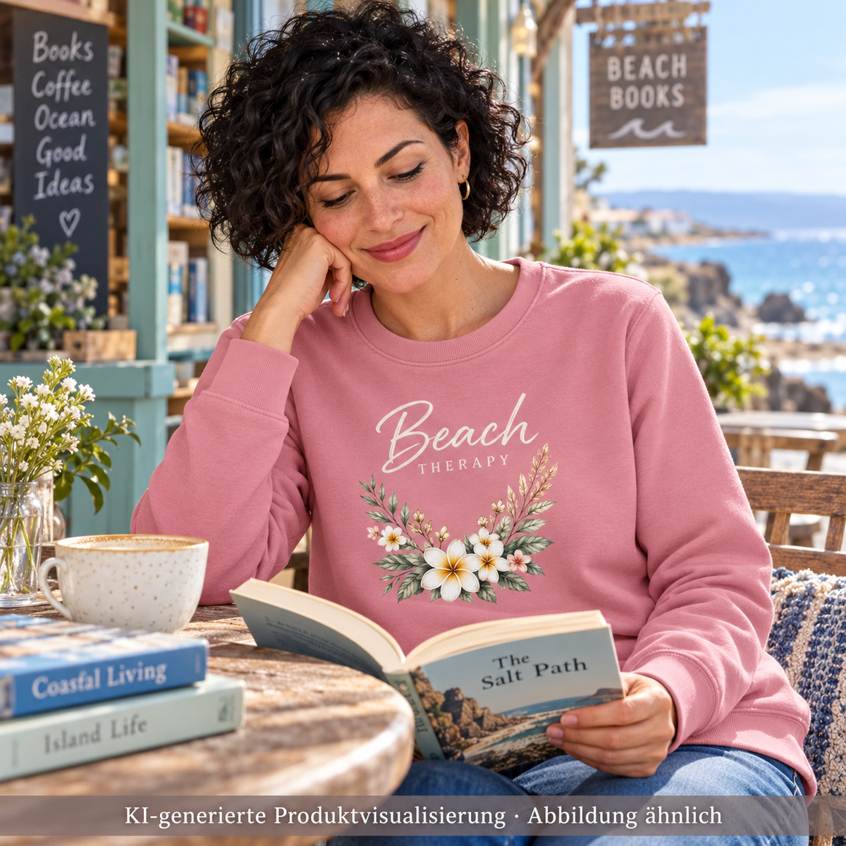 Unisex Bio-Sweatshirt in Canyon Pink mit floralem Beach-Therapy-Frontprint – Frau liest vor einer Küstenbuchhandlung.