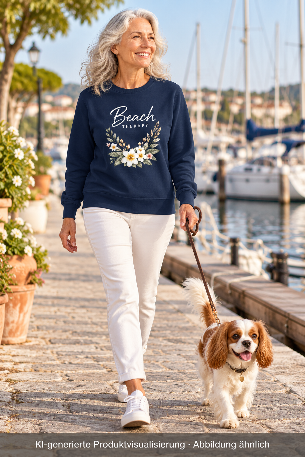 Unisex Bio-Sweatshirt in French Navy mit floralem Beach-Therapy-Frontprint – Frau geht mit Hund am Hafen.