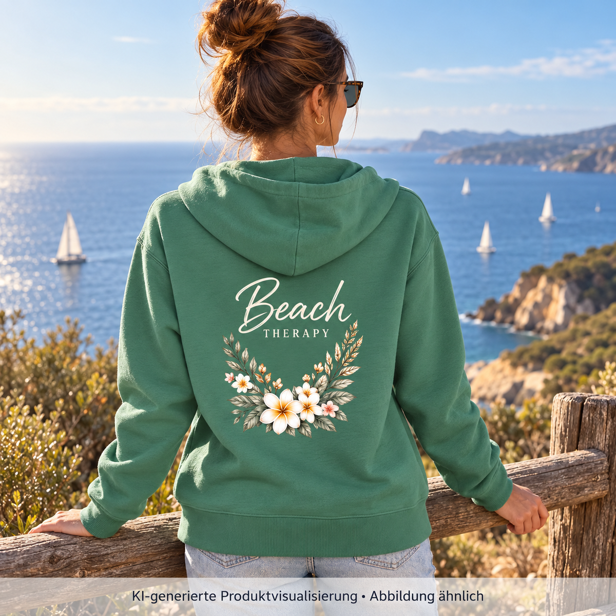 Bio-Relaxed-Zipper in Green Bay mit floralem Beach-Therapy-Rückenprint – Frau an einem Küstenaussichtspunkt, Rückansicht.