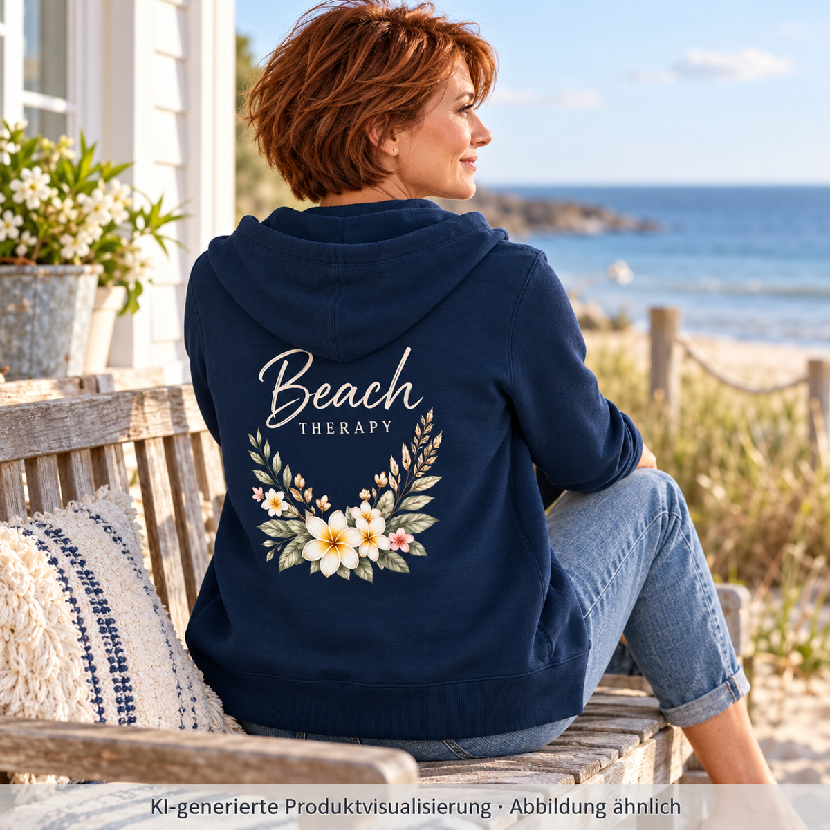 Bio-Relaxed-Zipper in French Navy mit floralem Beach-Therapy-Rückenprint – Frau auf einer Bank am Ferienhaus, Rückansicht.