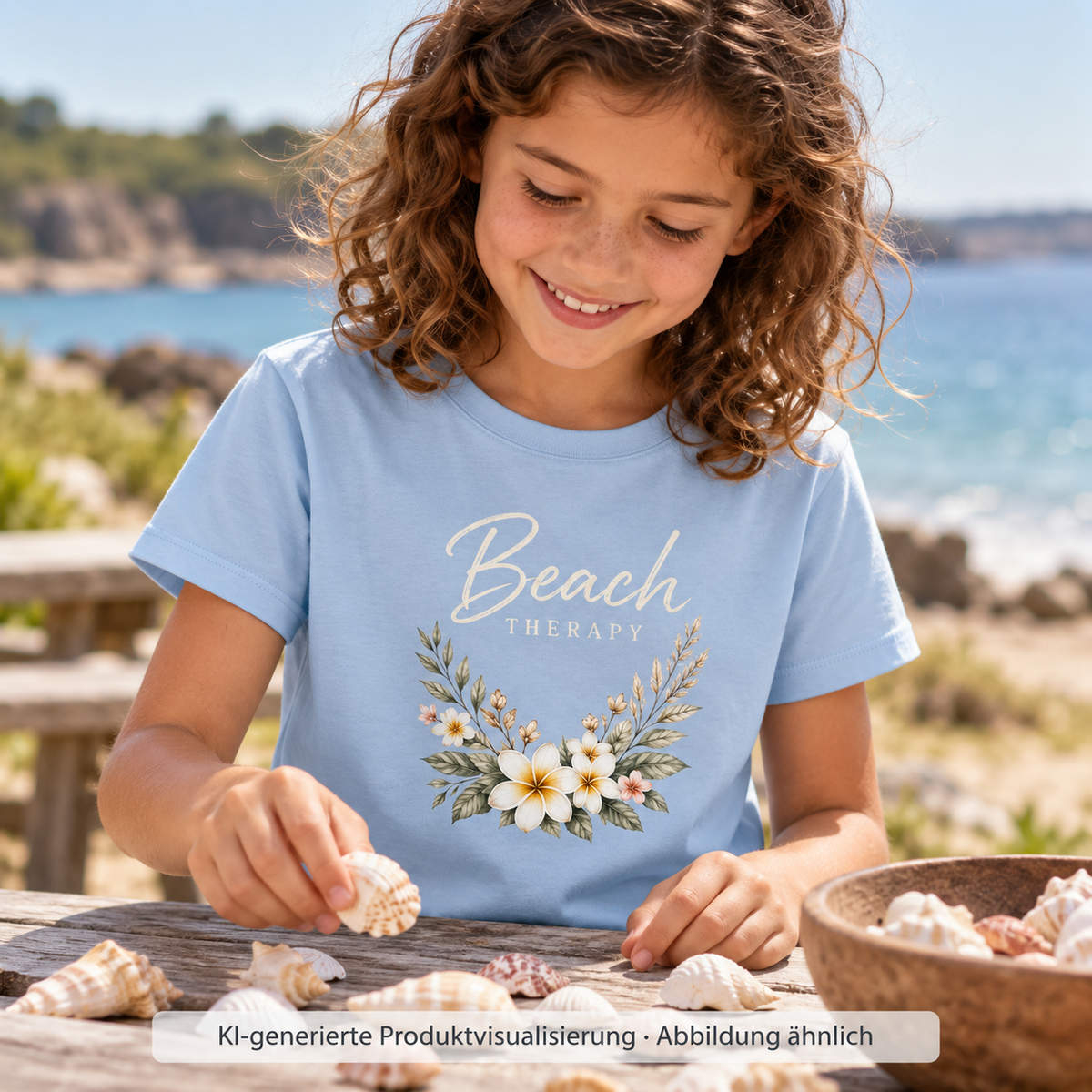 Kinder Bio-T-Shirt in Blue Soul mit floralem Beach-Therapy-Frontprint – Mädchen bei einem Picknick am Meer.