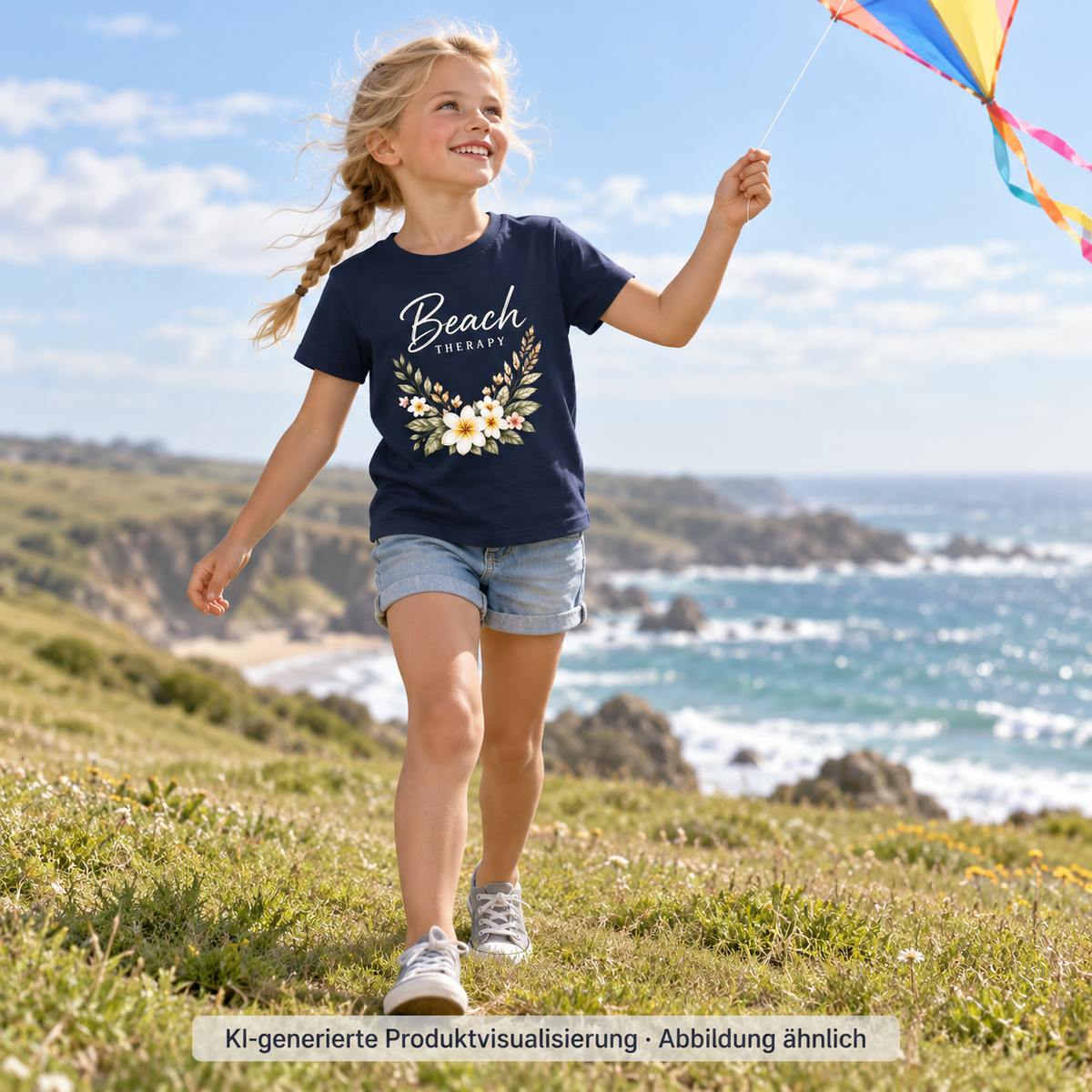 Kinder Bio-T-Shirt in French Navy mit floralem Beach-Therapy-Frontprint – Mädchen mit Drachen auf einer Wiese an der Küste.