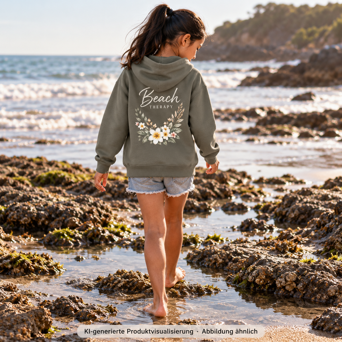 Kinder Bio-Hoodie in Khaki mit floralem Beach-Therapy-Rückenprint – Mädchen beim Strandspaziergang, Rückansicht.