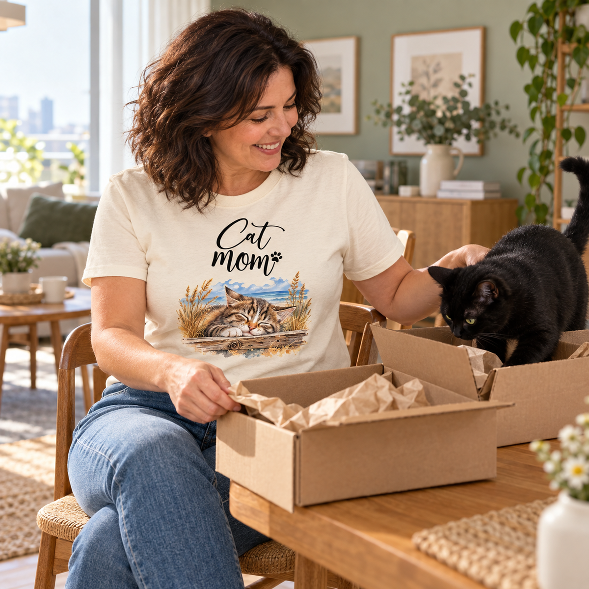 Frau im Bio-T-Shirt in Natural Raw mit Cat-Mom-Frontprint beim Öffnen eines Pakets; eine schwarze Katze erkundet den Karton.
