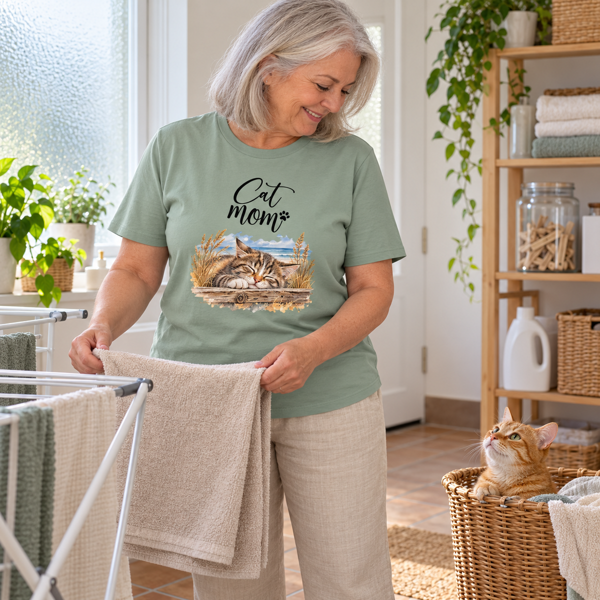 Frau im Bio-T-Shirt in Aloe mit Cat-Mom-Katzenmotiv auf der Vorderseite beim Wäschefalten; eine rote Katze schaut aus dem Wäschekorb.