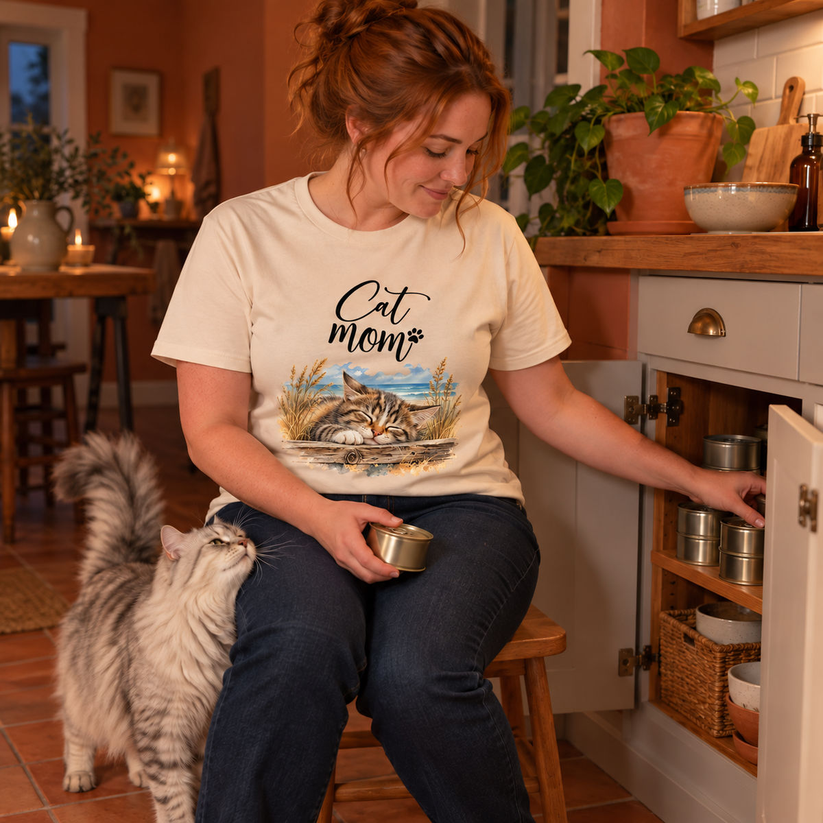 Frau im Heavy-Cotton-T-Shirt in Natural mit Cat-Mom-Frontprint beim Ordnen von Dosen im Küchenschrank; eine graue Langhaarkatze steht daneben.