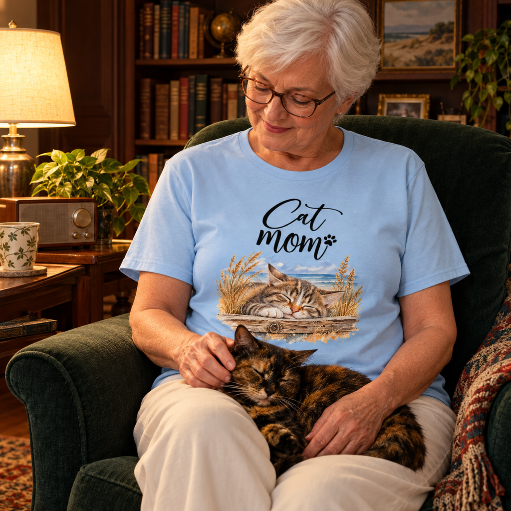 Ältere Frau im Heavy-Cotton-T-Shirt in Light Blue mit Cat-Mom-Katzenmotiv auf der Vorderseite und einer Schildpattkatze auf dem Schoß im Sessel.