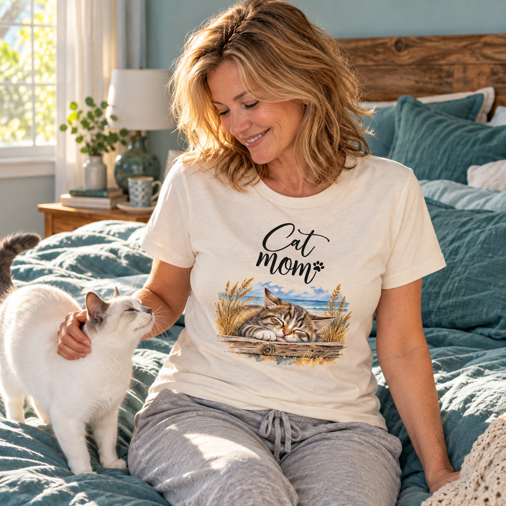 Frau im Damen-Bio-T-Shirt in Natural Raw mit Cat-Mom-Frontprint sitzt am Morgen auf dem Bett und streichelt eine weiß-graue Katze.