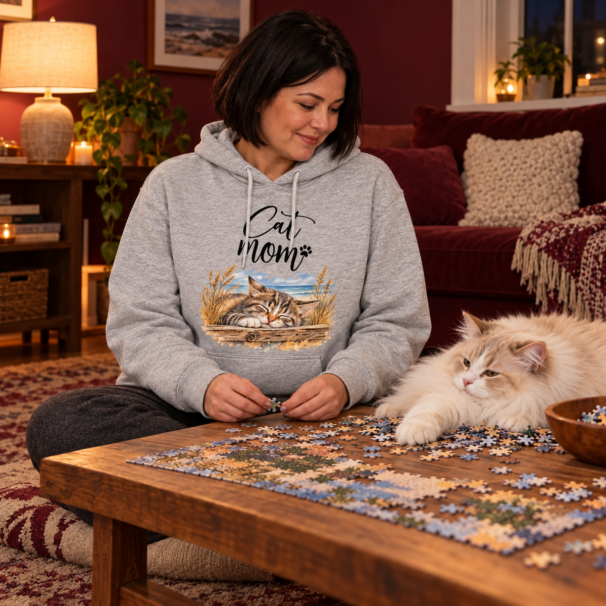 Frau im Bio-Hoodie in Heather Grey mit Cat-Mom-Frontprint puzzelt am Couchtisch; eine cremefarbene Langhaarkatze liegt neben den Puzzleteilen.