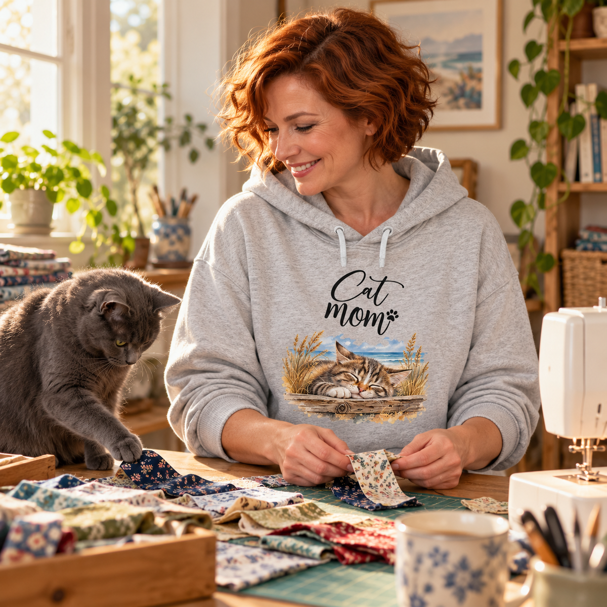 Frau im Cat-Mom-Boxcut-Hoodie in Cool Heather Grey sortiert Stoff neben einer grauen Katze; das Katzenmotiv ist vorne sichtbar.