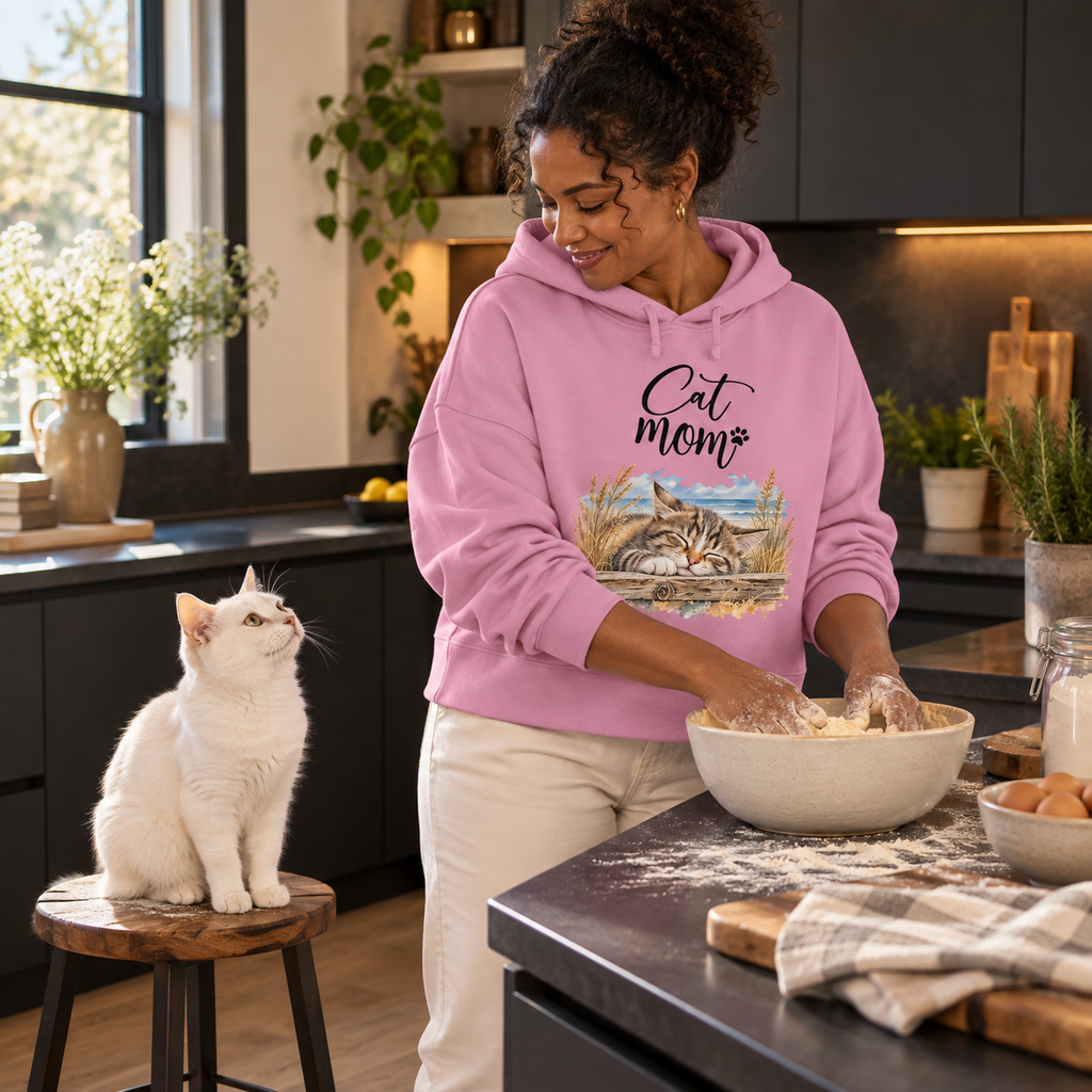 Frau im Bubble-Pink-Boxcut-Hoodie mit Cat-Mom-Frontprint beim Backen; eine weiße Katze sitzt auf einem Hocker daneben.