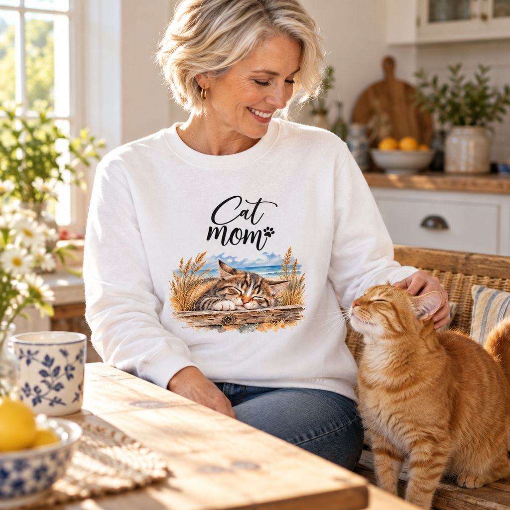 Katzenmama trägt weißes Cat-Mom-Bio-Sweatshirt mit Frontprint und streichelt eine rote Katze am Küchentisch.