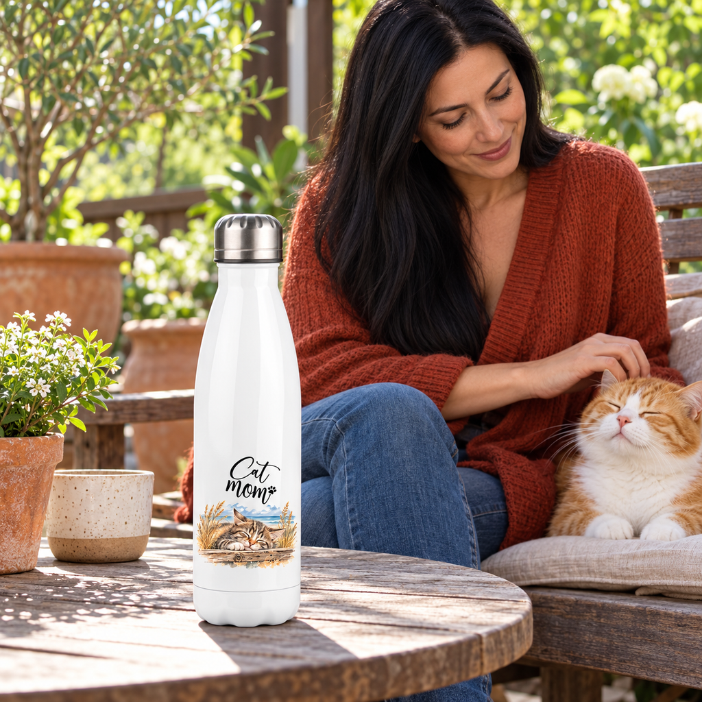 Cat-Mom-Thermoflasche 500 ml auf einem Terrassentisch; eine Katzenmama streichelt ihre rot-weiße Katze.