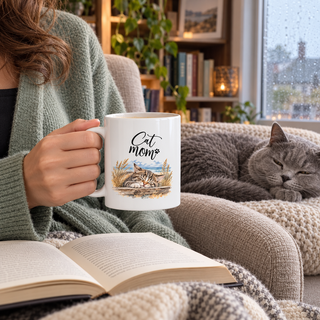 Katzenmama hält die weiße Cat-Mom-Tasse während einer Lesepause; eine graue Katze ruht daneben.