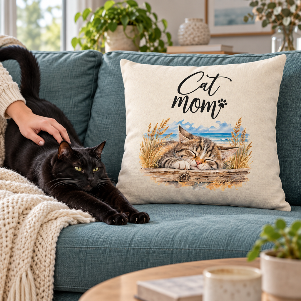 Naturfarbenes Cat-Mom-Kissen 40 × 40 cm auf einem petrolfarbenen Sofa neben einer schwarzen Katze.