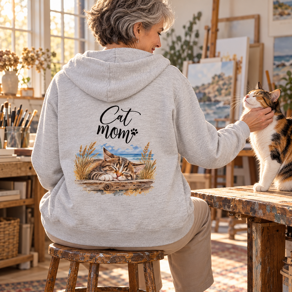 Frau im Bio-Zipper Heather Grey mit Cat-Mom-Backprint streichelt eine dreifarbige Katze im Atelier.