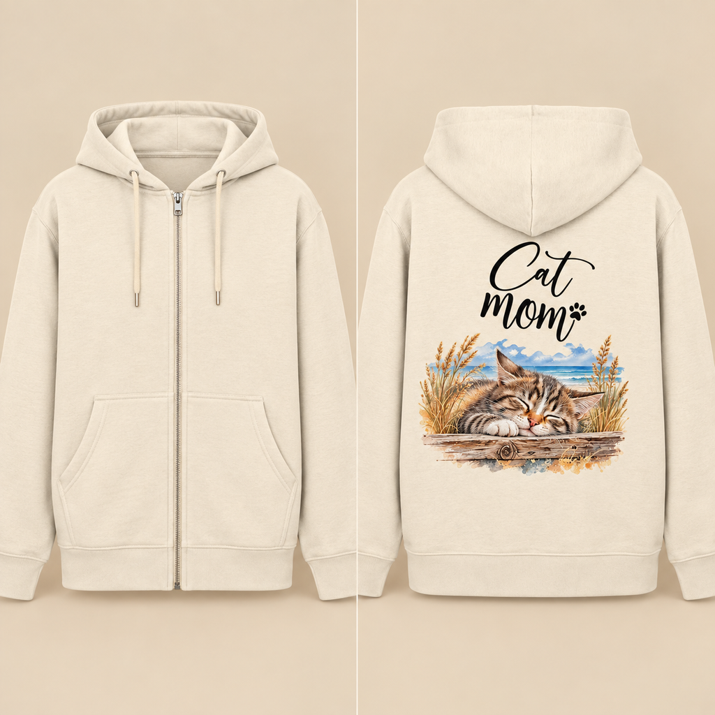 Cat-Mom-Bio-Zipper Natural Raw als Front-/Back-Splitansicht: vorne Reißverschluss ohne Motiv, hinten Katzenmotiv.
