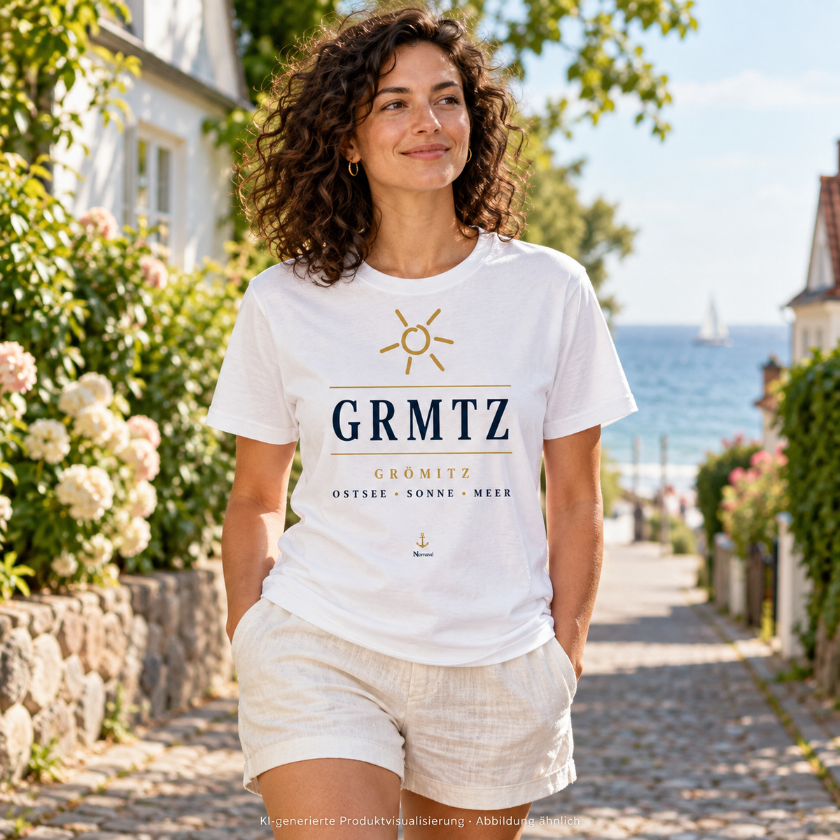 Frau trägt das GRMTZ Grömitz Bio-T-Shirt in White in einer sonnigen Küstengasse – Frontmotiv mit Sonne und Anker; KI-Visualisierung.