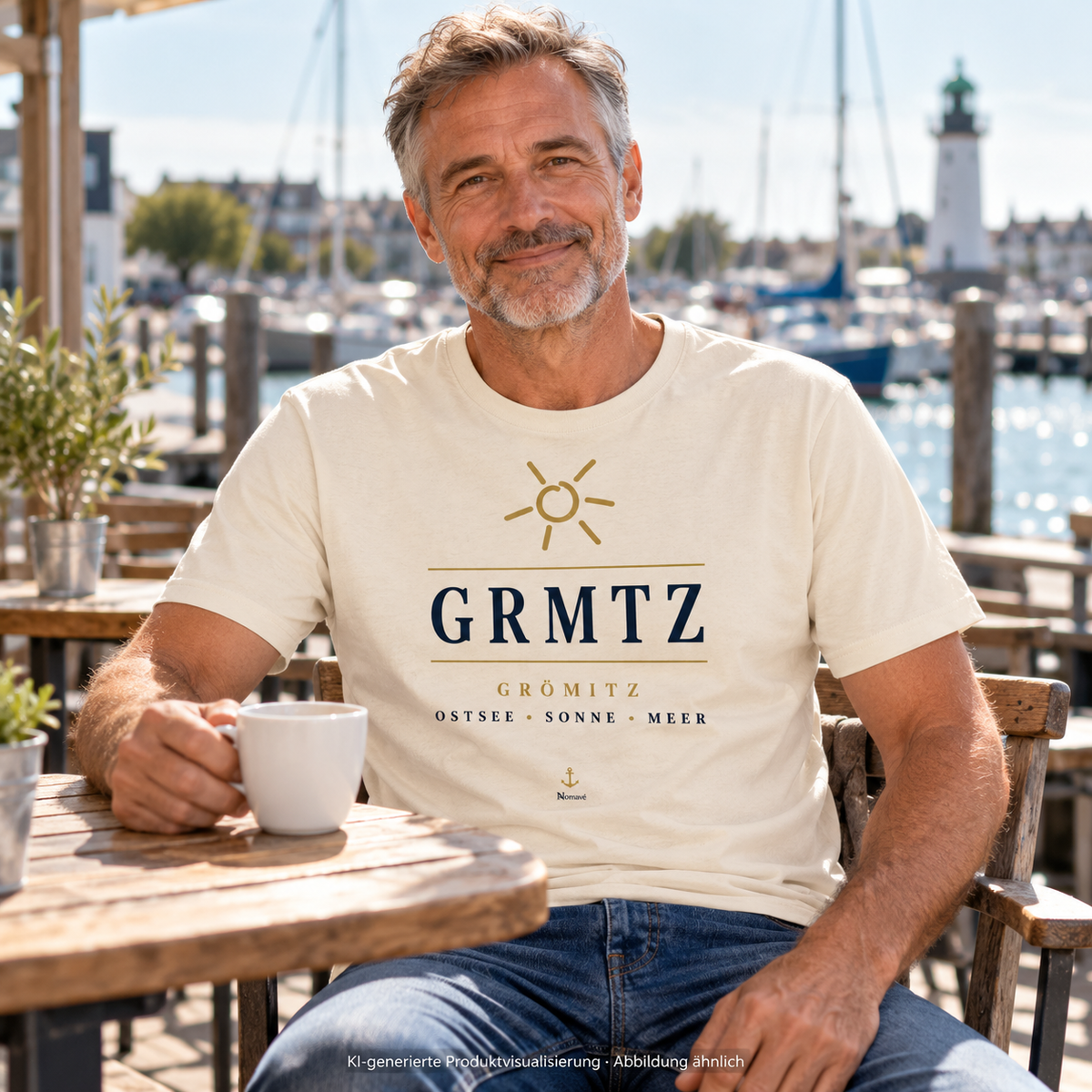 Mann im GRMTZ Grömitz Bio-T-Shirt in Natural Raw im Hafencafé – Frontdruck mit goldener Sonne und navyfarbenem GRMTZ-Schriftzug; KI-Visualisierung.