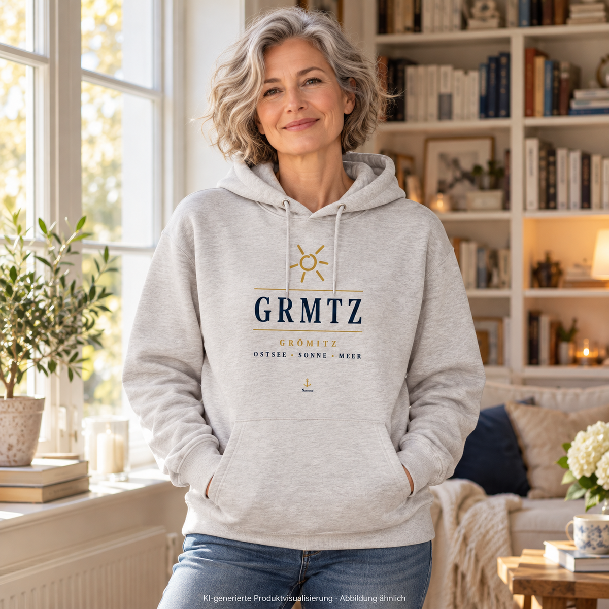 Frau im GRMTZ Grömitz Bio-Hoodie in Heather Grey am Wohnzimmerfenster – maritimes Frontmotiv; KI-Visualisierung.