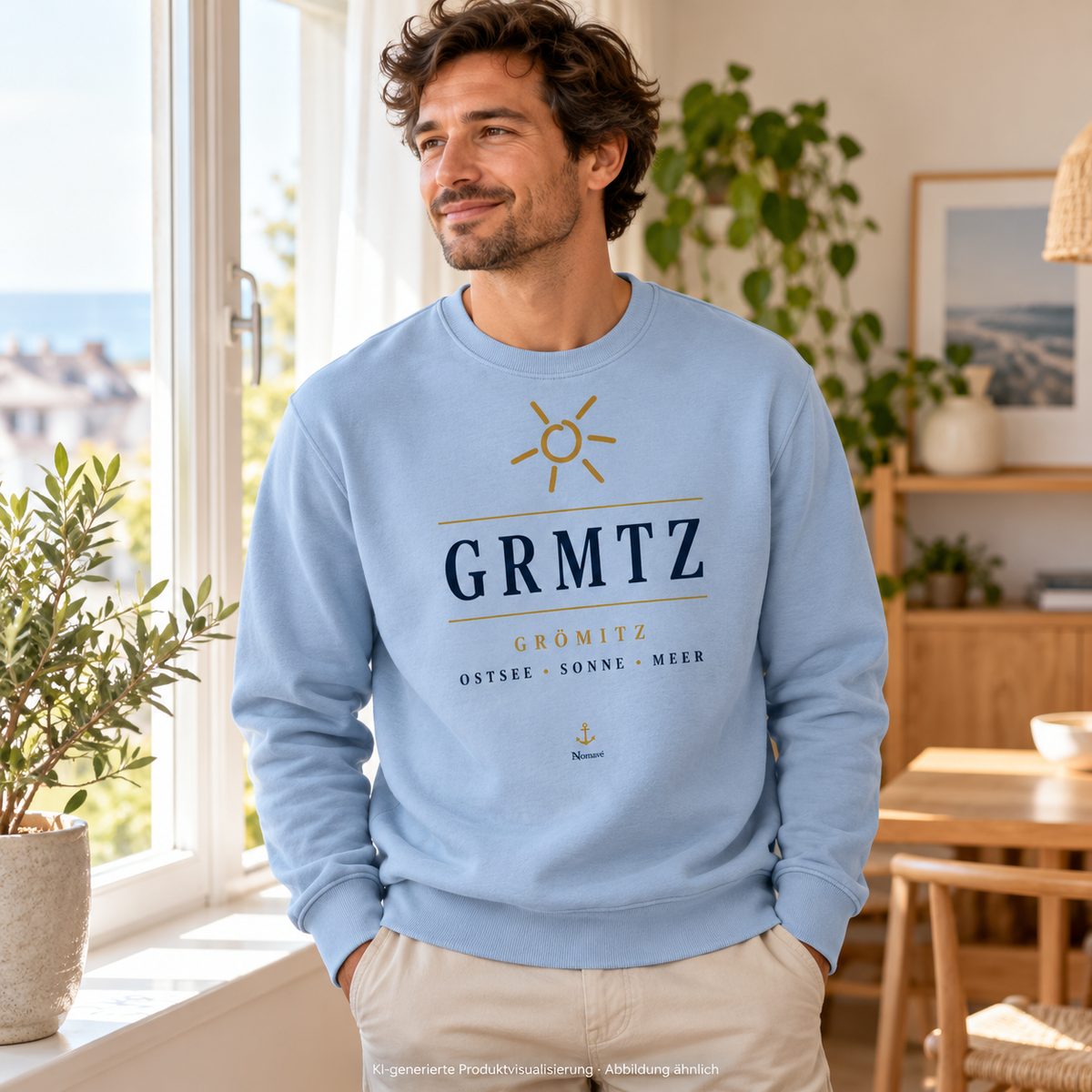 Mann trägt das GRMTZ Grömitz Bio-Sweatshirt in Serene Blue am Wohnungsfenster – Frontansicht; KI-Visualisierung.
