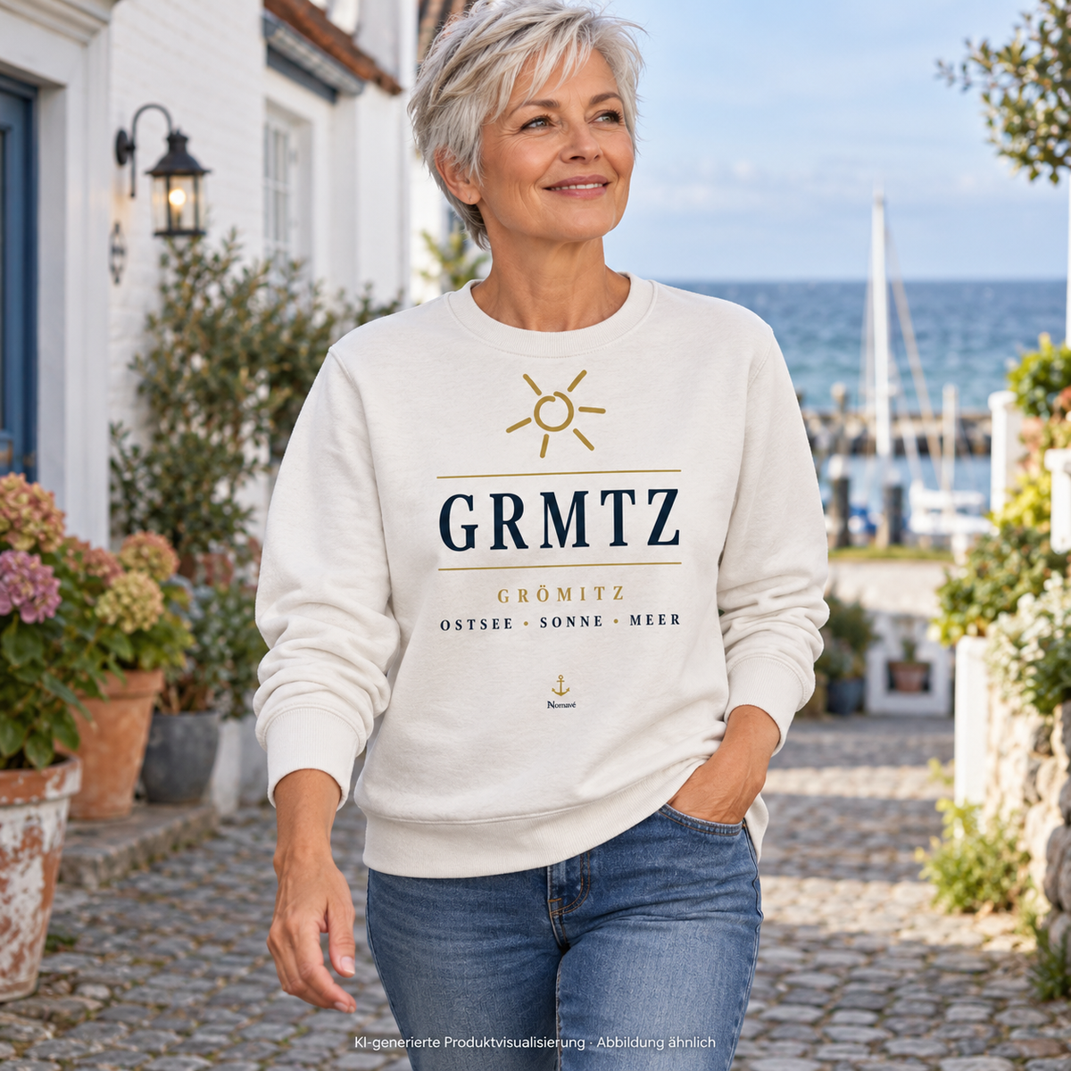 Frau im GRMTZ Grömitz Bio-Sweatshirt in Vintage White in einem Küstenhof – Frontmotiv; KI-Visualisierung.