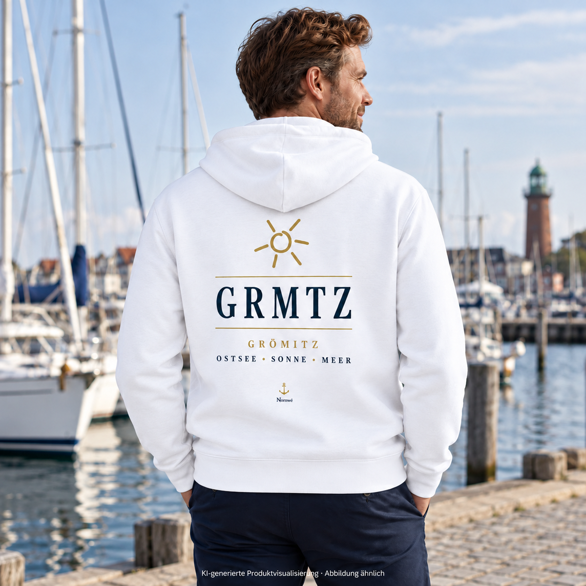 Mann im weißen GRMTZ Grömitz Bio-Zipper am Hafen – Rückendruck unter der Kapuze; KI-Visualisierung.