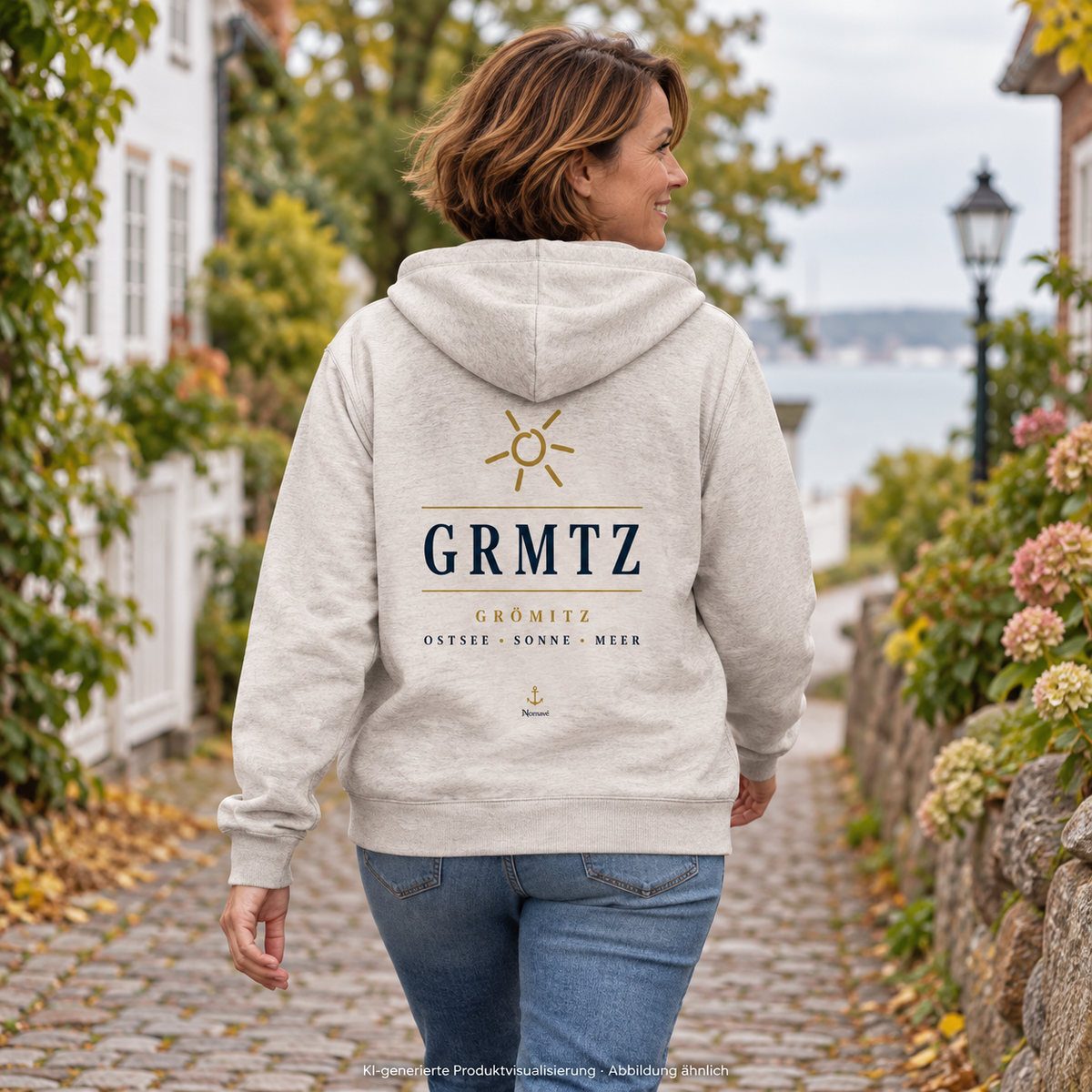 Frau im GRMTZ Grömitz Bio-Zipper in Heather Grey auf einer Dorfstraße – Rückendruck mit Sonne und GRMTZ; KI-Visualisierung.