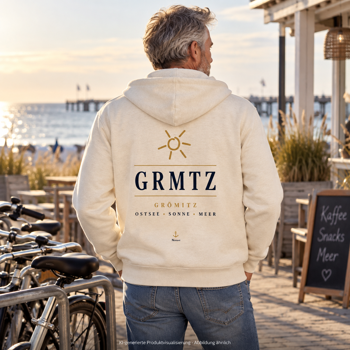 Mann trägt den GRMTZ Grömitz Bio-Zipper in Natural Raw am Fahrradständer – Rückenansicht; KI-Visualisierung.