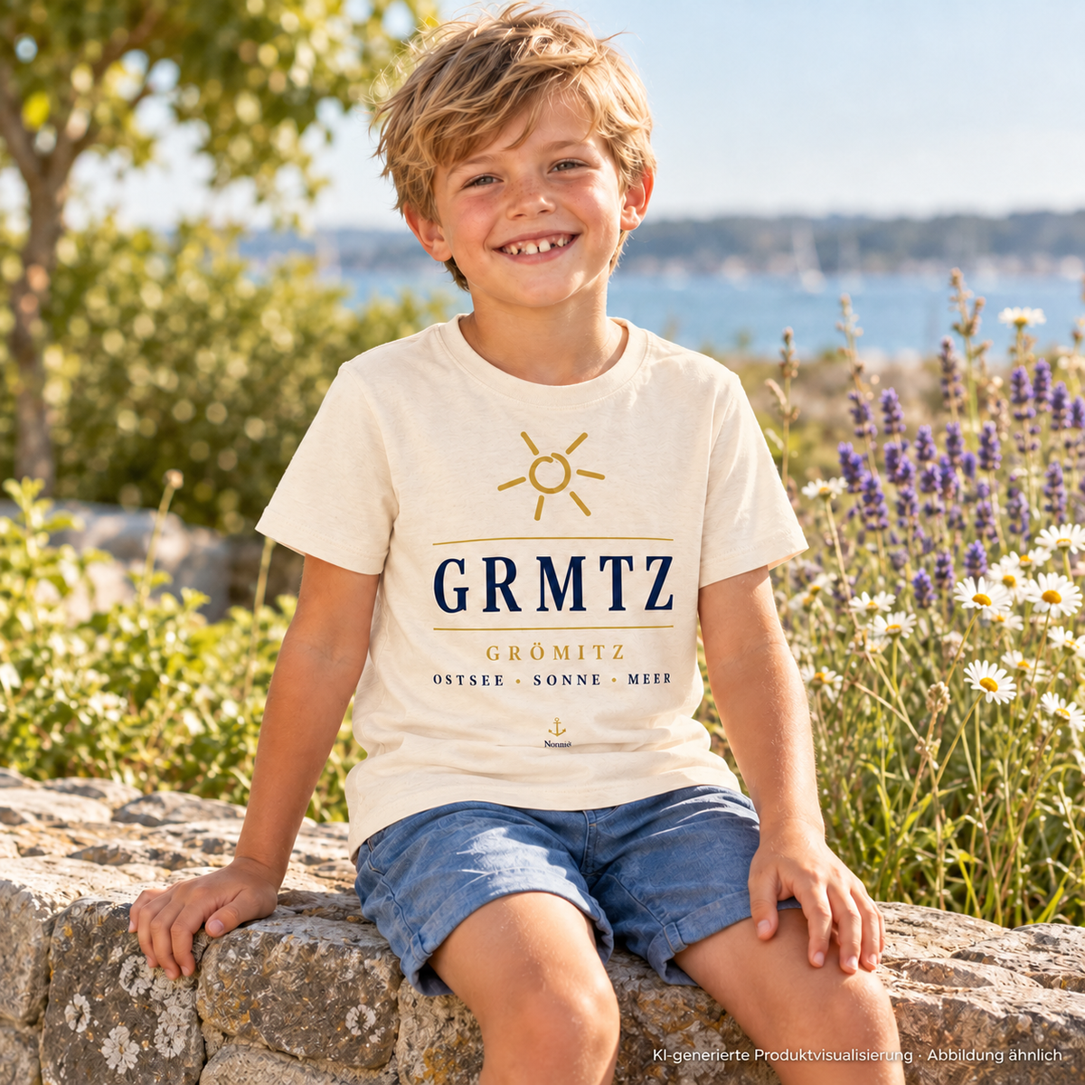 Junge im GRMTZ Grömitz Kinder-Bio-T-Shirt in Natural Raw auf einer Gartenmauer – Frontdruck; KI-Visualisierung.