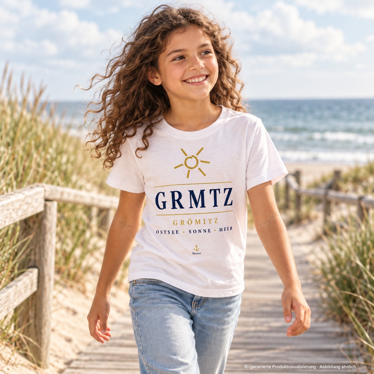 Mädchen im weißen GRMTZ Grömitz Kinder-Bio-T-Shirt auf einem Dünenweg – Frontmotiv mit Sonne und Anker; KI-Visualisierung.
