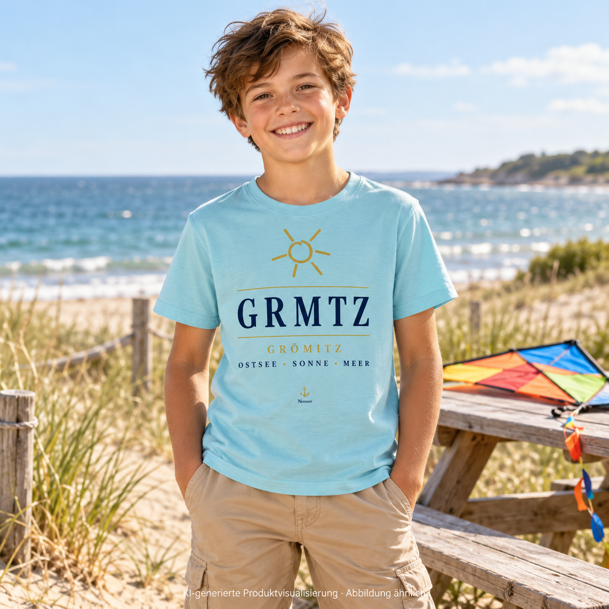 Junge im GRMTZ Grömitz Kinder-Bio-T-Shirt in Caribbean Blue am Picknickplatz – Frontansicht; KI-Visualisierung.