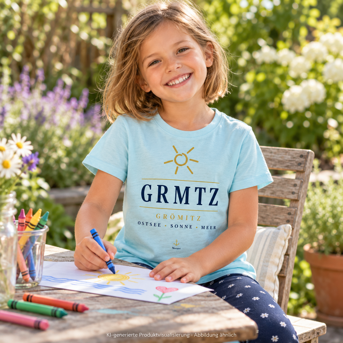 Mädchen im GRMTZ Grömitz Kinder-Bio-T-Shirt in Aqua Blue am Gartentisch – maritimes Frontmotiv; KI-Visualisierung.