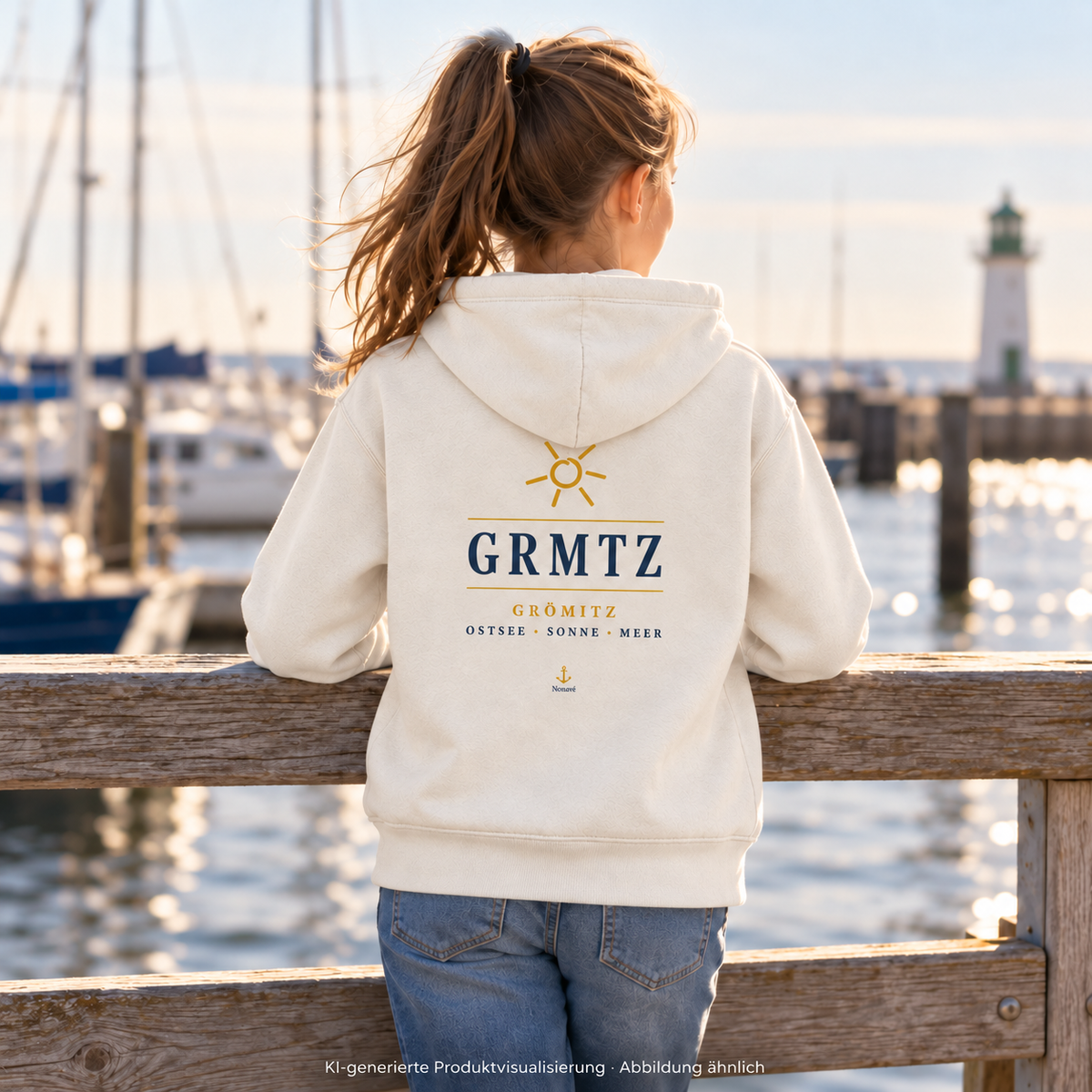Mädchen im GRMTZ Grömitz Kinder-Bio-Hoodie in Natural Raw am Hafengeländer – Rückendruck unter der Kapuze; KI-Visualisierung.
