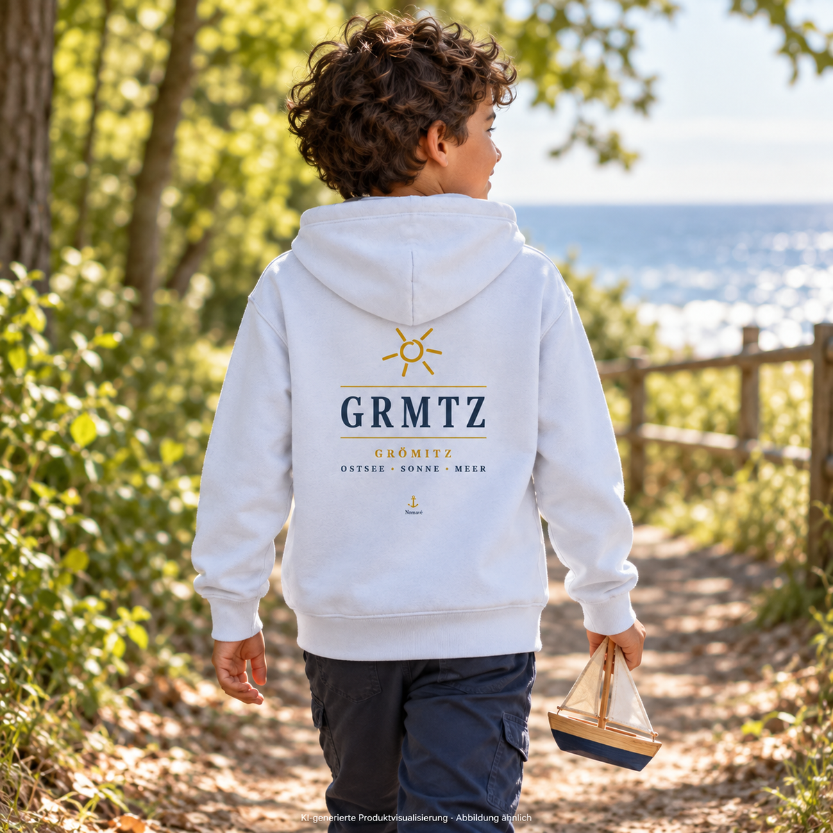 Junge im weißen GRMTZ Grömitz Kinder-Bio-Hoodie auf einem Parkweg – Rückenansicht mit GRMTZ-Motiv; KI-Visualisierung.