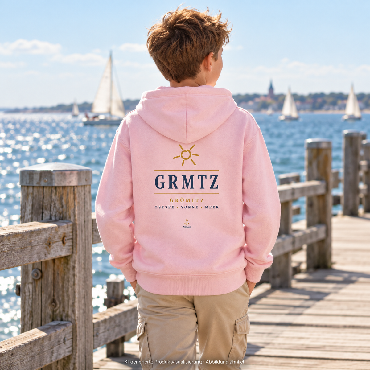 Junge im GRMTZ Grömitz Kinder-Bio-Hoodie in Cotton Pink auf einem Steg – maritimes Rückenmotiv; KI-Visualisierung.